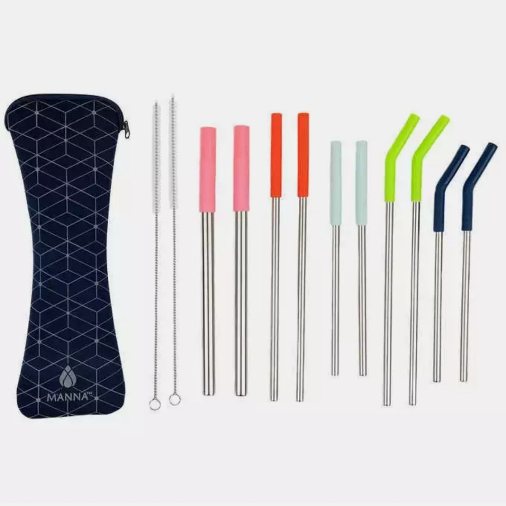 Manna 13 Pc. Straw Bottle Set With Straw Cleaners -Stainless Straws Silicone Tip